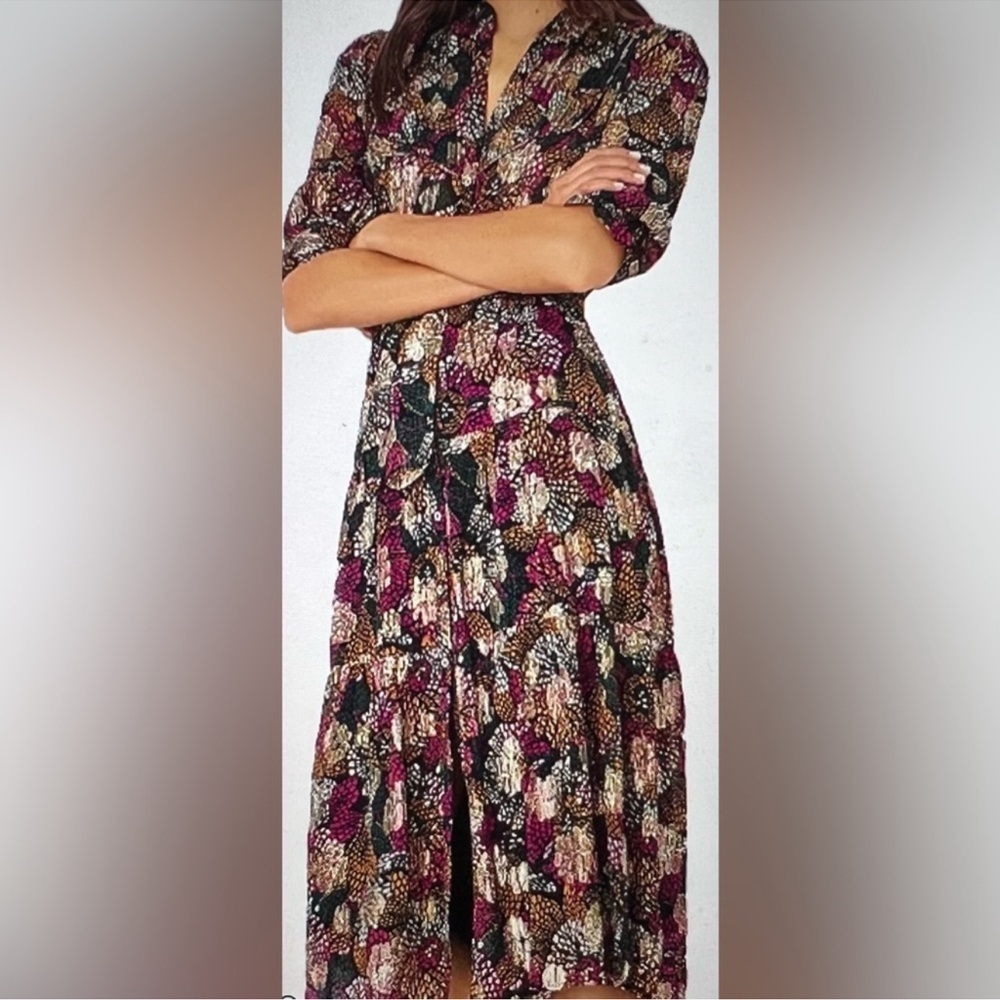 ba&sh Love Metallic Floral Print Midi Belted Dress $495 Sz XS - Picture 2 of 14